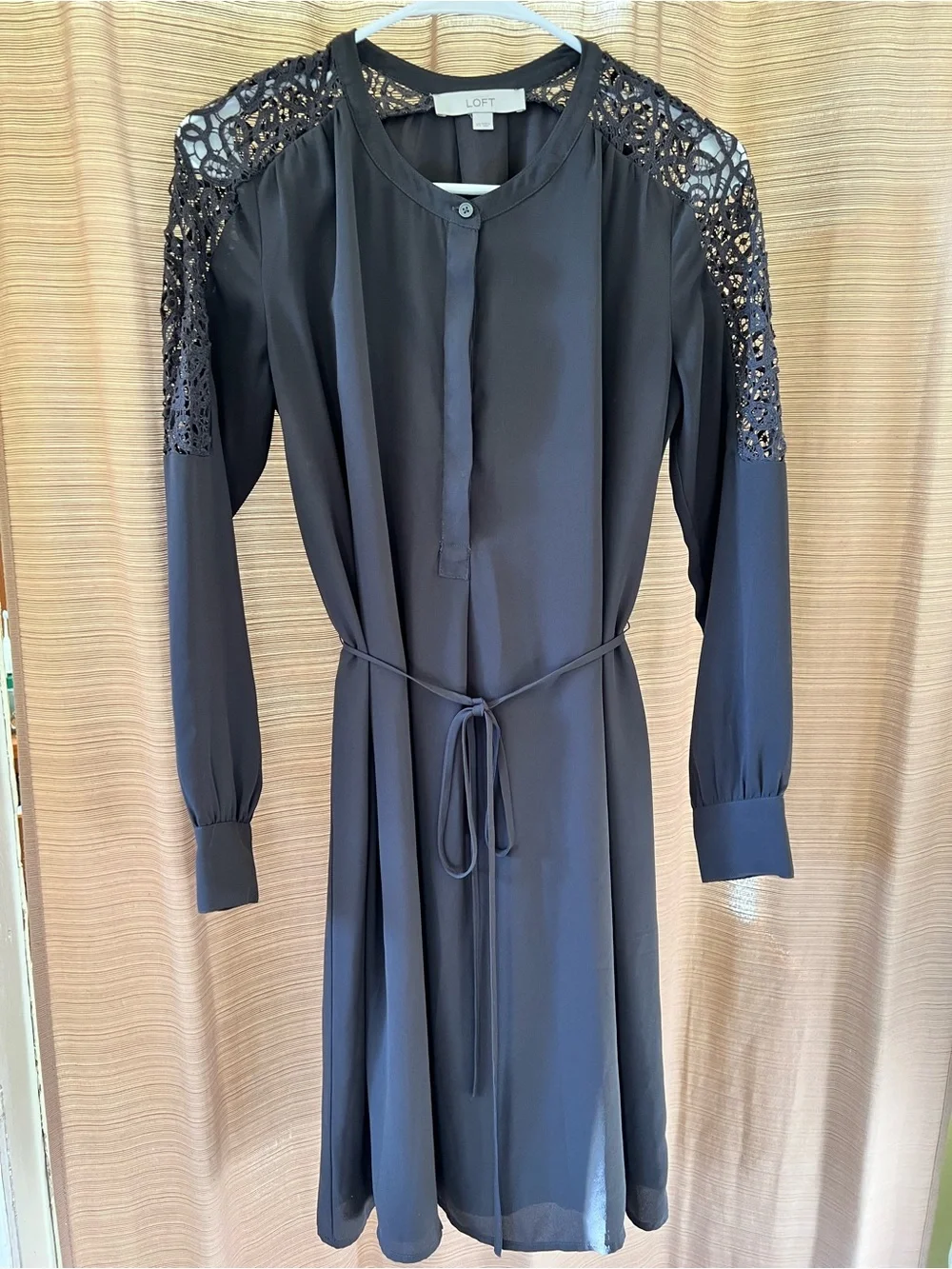 LOFT Black Long-Sleeve Lace-Shoulder Tie-Waist Dress